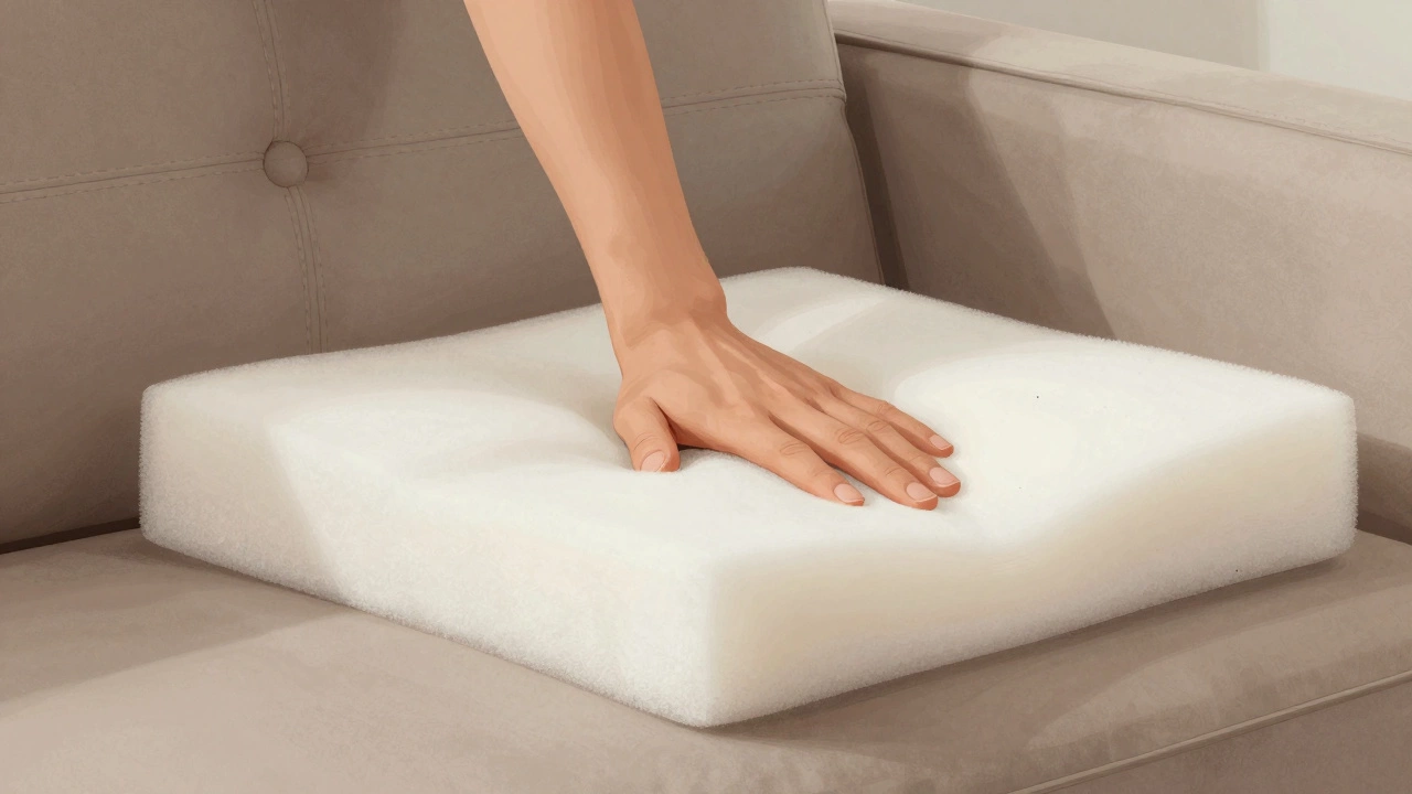 Hand pressing into a firm sofa cushion showing high-density foam resistance.