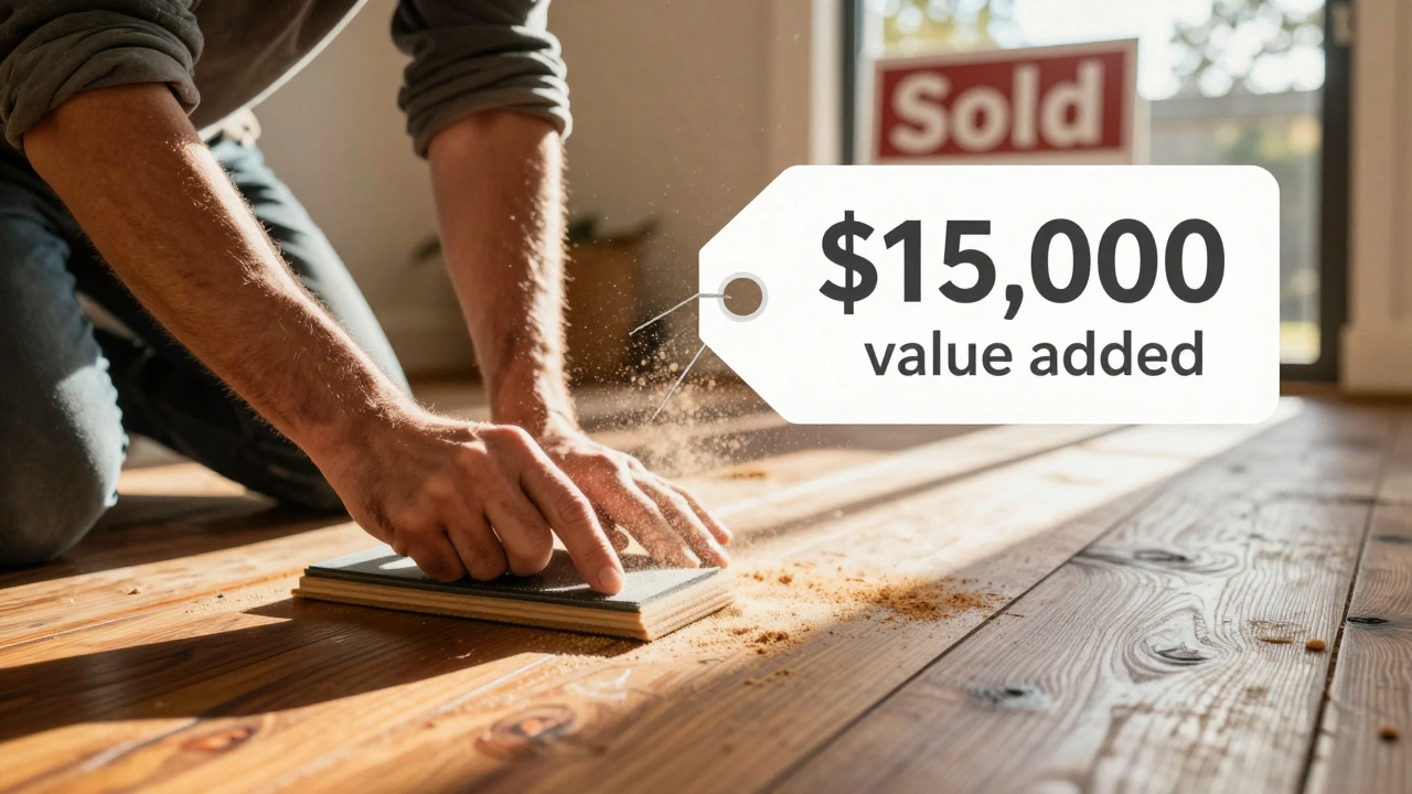 Hands sanding vintage jarrah floor with sunbeams and distant 'Sold' real estate sign.