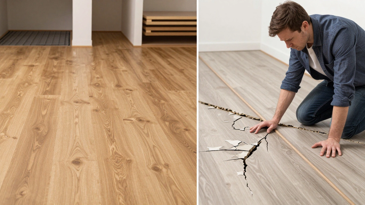 Side-by-side comparison: premium engineered wood floor versus peeling low-grade laminate.