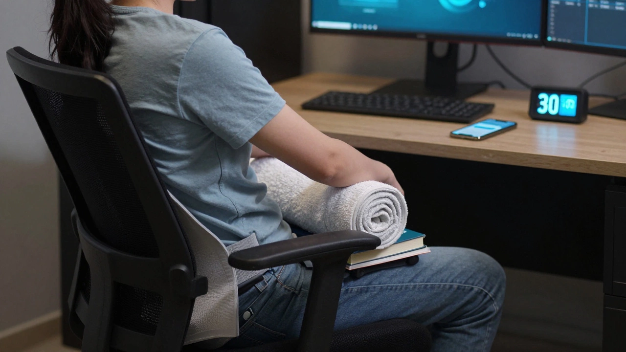 Someone using a towel and books to improve sitting posture at a regular desk.