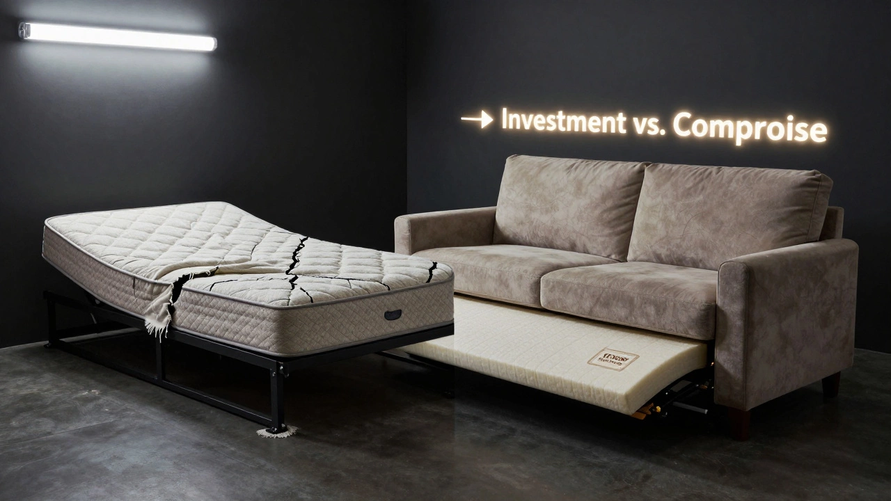 Split image comparing a broken sofa bed with a durable sleeper sofa, symbolizing long-term value.