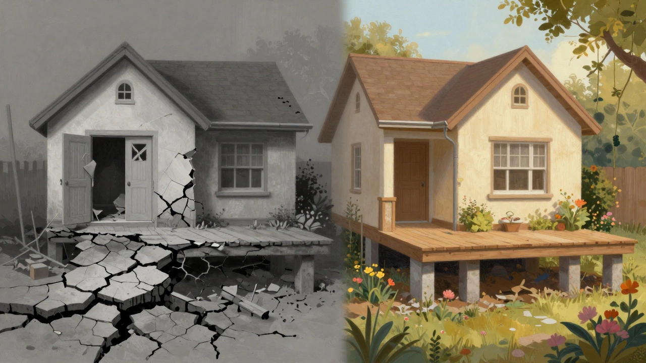 Split image of a home: left side damaged and sinking, right side repaired and stable, symbolizing foundation restoration.