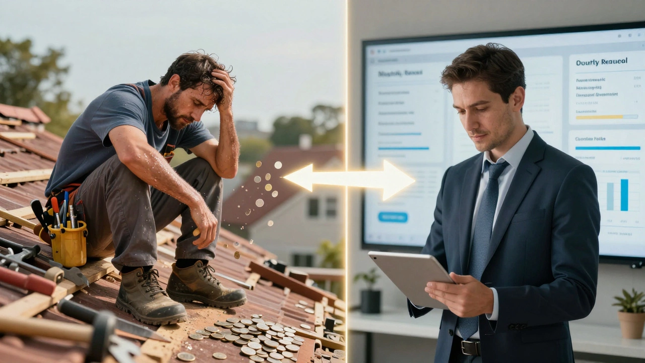 Split-screen contrast: a tired worker on a roof versus a calm entrepreneur managing recurring revenue streams digitally.