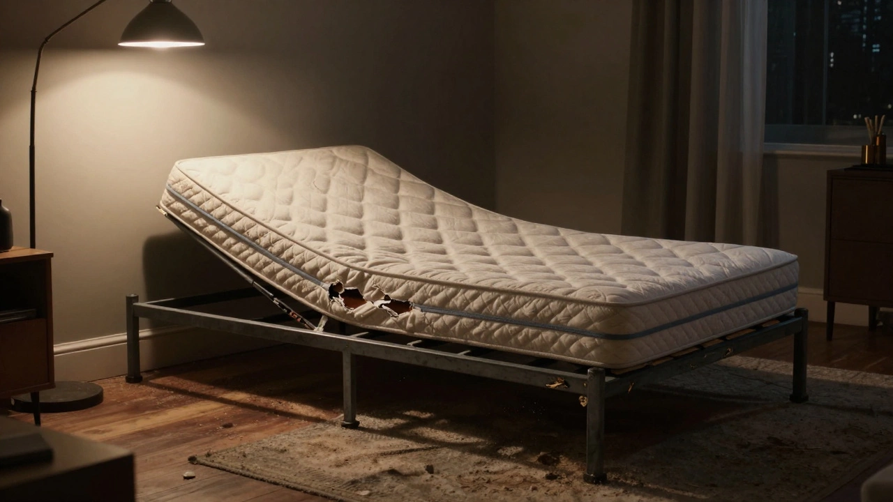 A damaged sofa bed frame with a thick mattress stuck on top, fabric torn and dust visible.