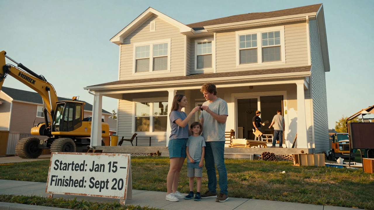 A family holding keys outside their renovated two-story home in Howick, with construction equipment being packed away.