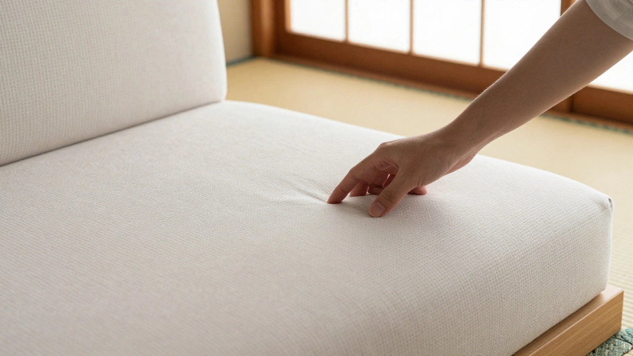 A hand placing a traditional Japanese kakebuton over a low sofa bed, with sunlight filtering through shoji blinds.