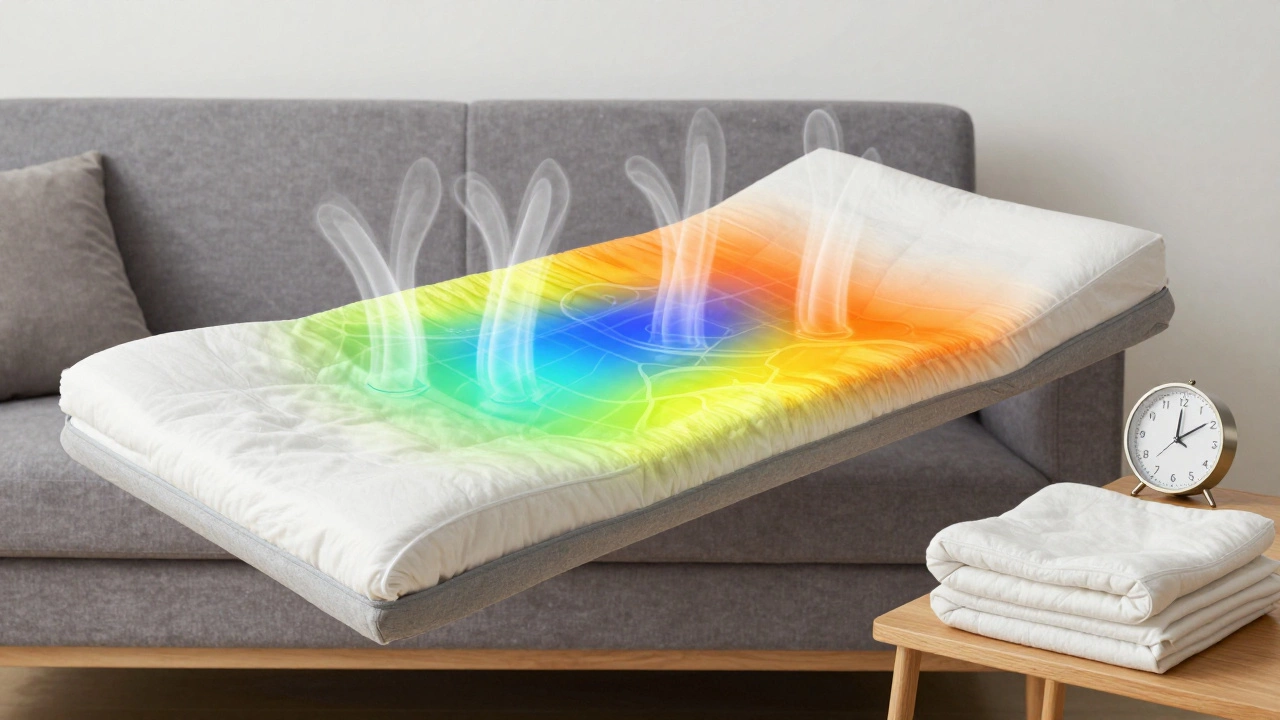 A kakebuton being folded and stored on a shelf at dawn, with airflow and thermal patterns subtly visible above it.