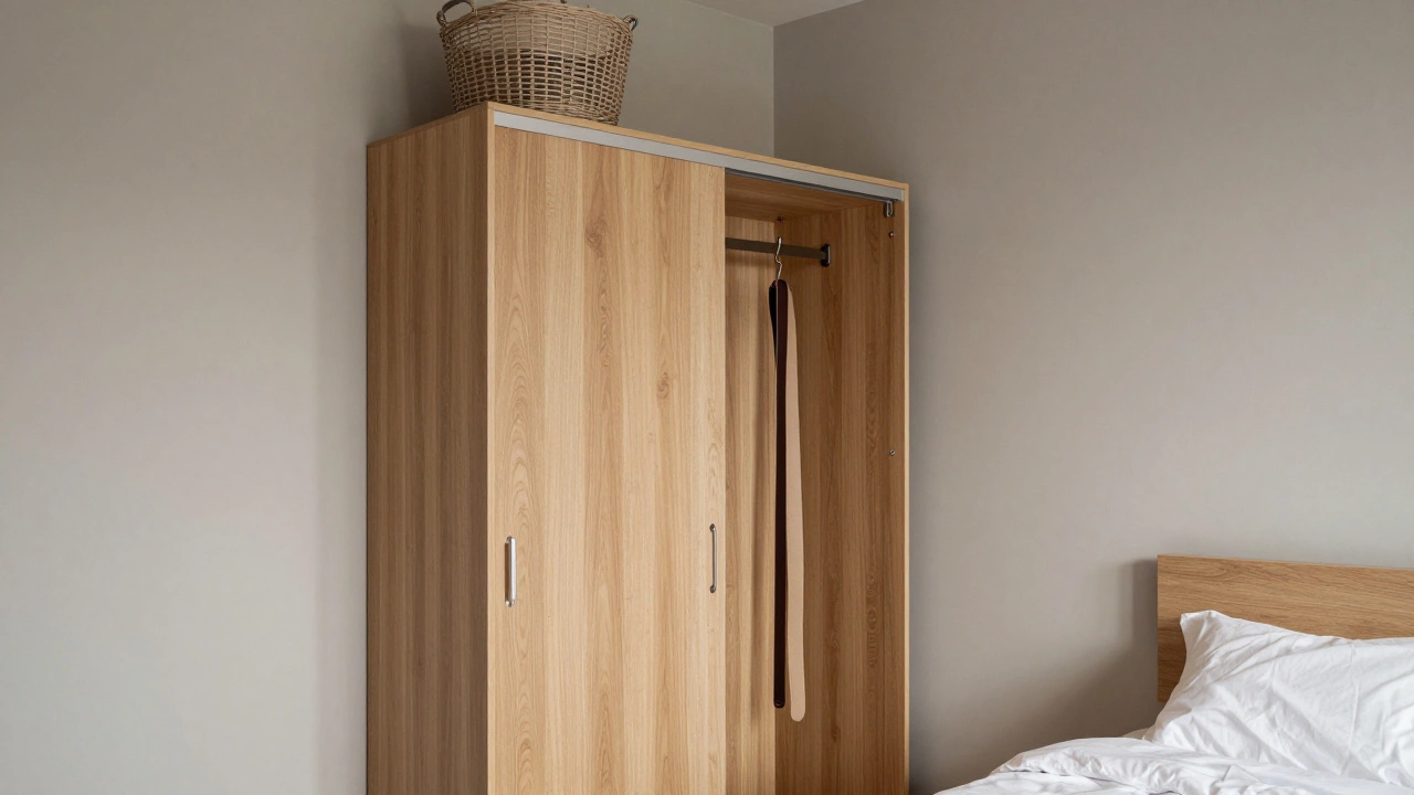 A sliding-door wardrobe in a small apartment, with a laundry basket on top and a hook on the door.