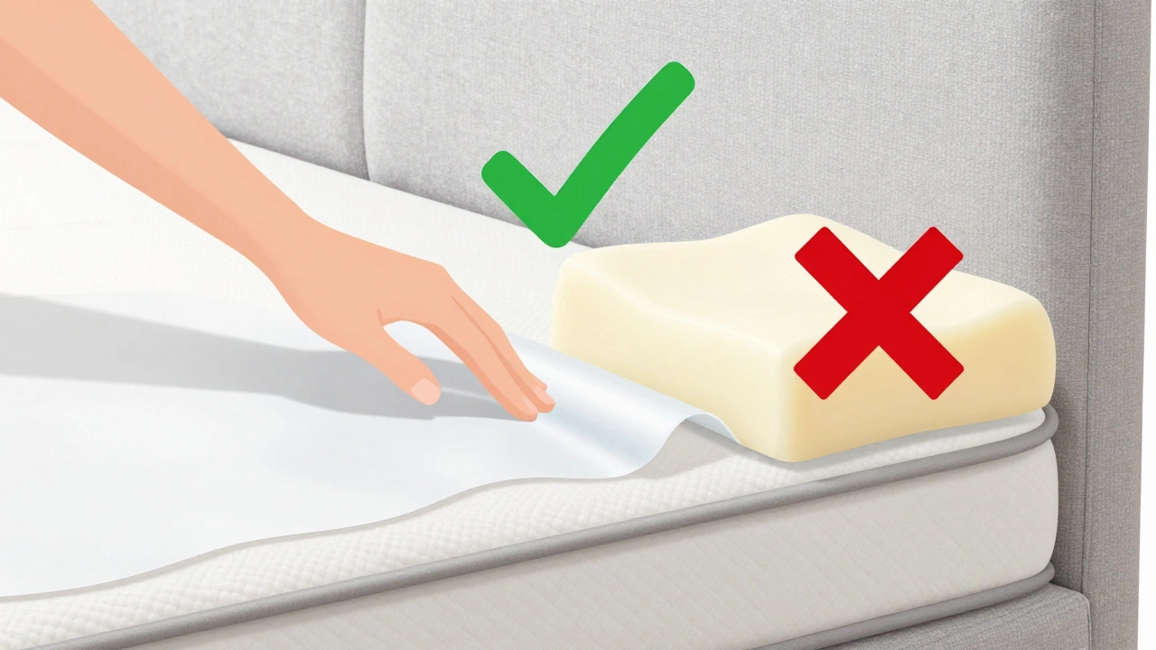 A thin topper approved for sofa beds next to a bulky mattress marked as incompatible.