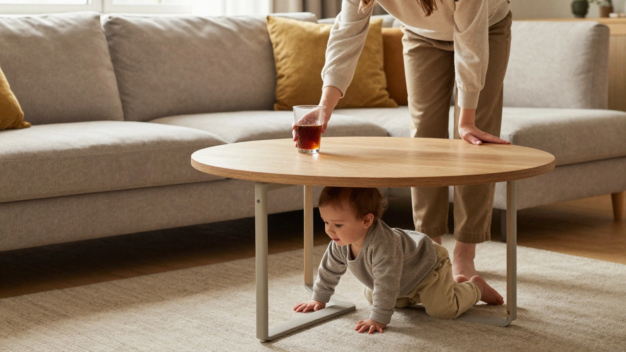 A toddler crawling under a rounded coffee table beside a curved sectional, with an adult reaching for a drink.
