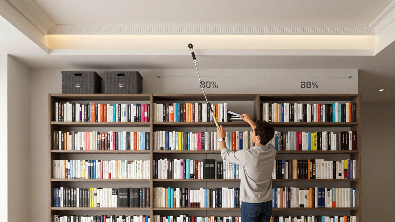 Bookshelves at 80% ceiling height with decorative molding, LED lights, and labeled storage bins above.