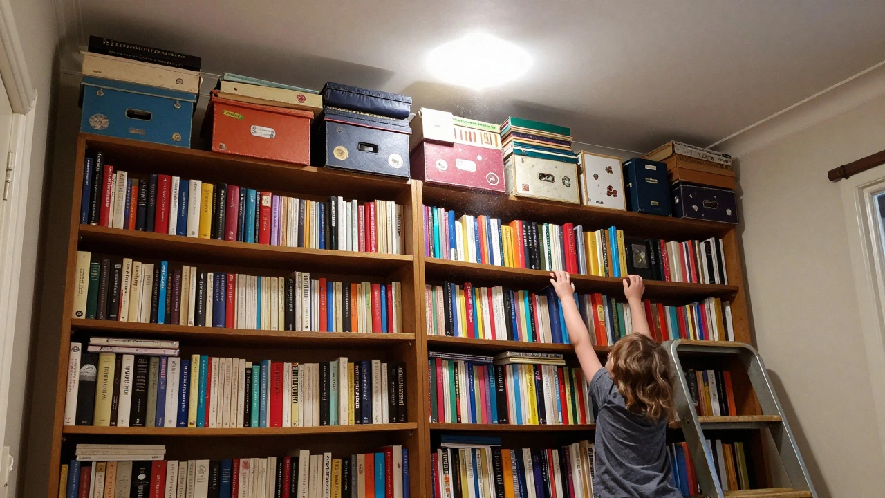 Ceiling-high bookshelves cluttered with dusty boxes and a child struggling to reach the top shelf.