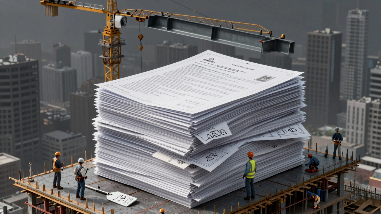 Conceptual image of legal and engineering elements rising from a construction site, symbolizing the hidden costs of commercial building.