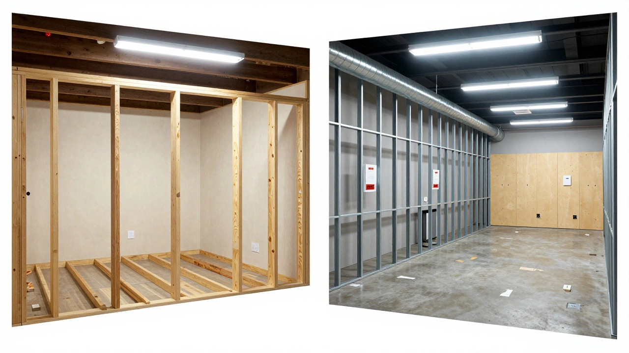 Interior comparison of residential and commercial spaces highlighting fire-rated walls, HVAC systems, and commercial flooring.