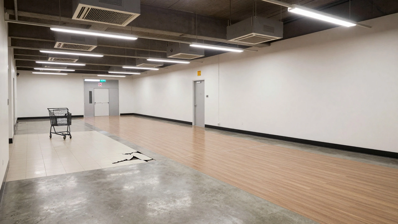 Interior of a retail space with durable flooring, industrial HVAC, and multiple emergency exits, highlighting heavy daily use and commercial standards.