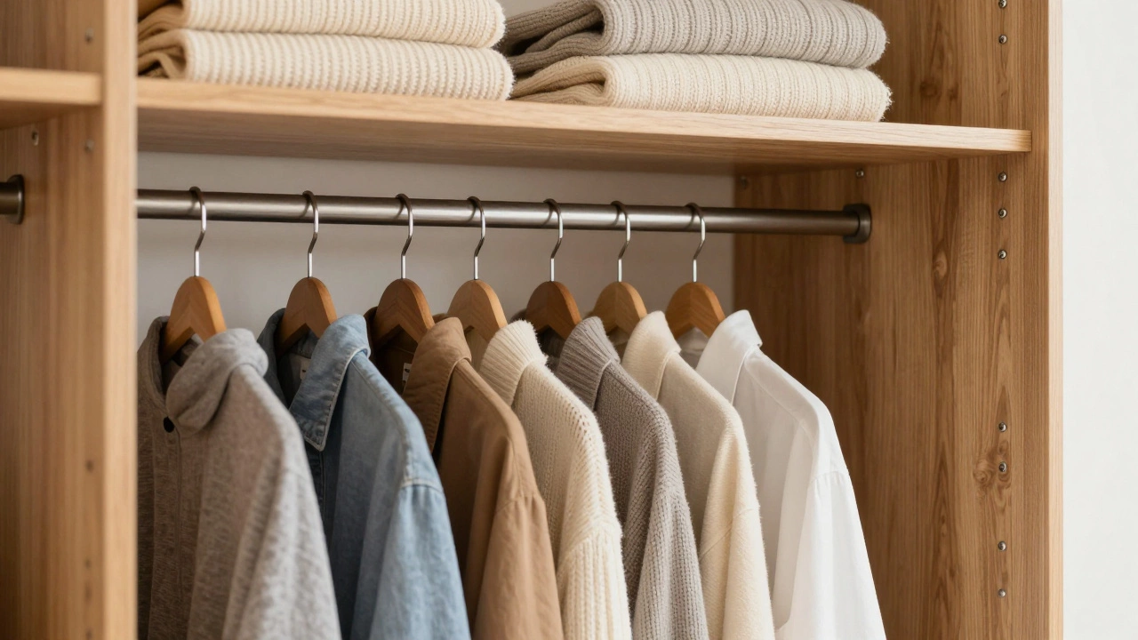 Interior of a simple wardrobe showing a hanging rod and shelf for folded clothes, no drawers or decorations.