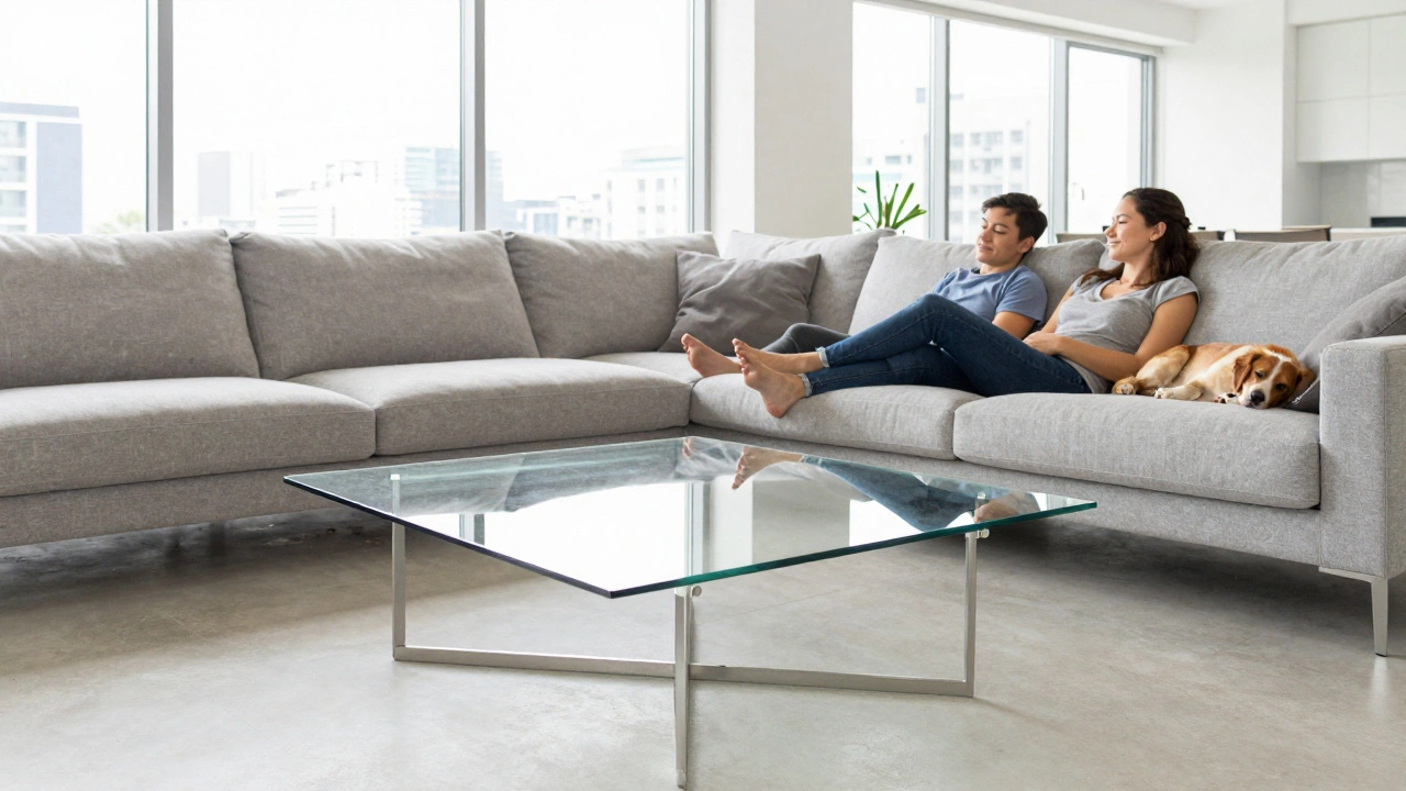 Large glass coffee table in an open-plan space, allowing light to pass through and pets to move freely underneath.