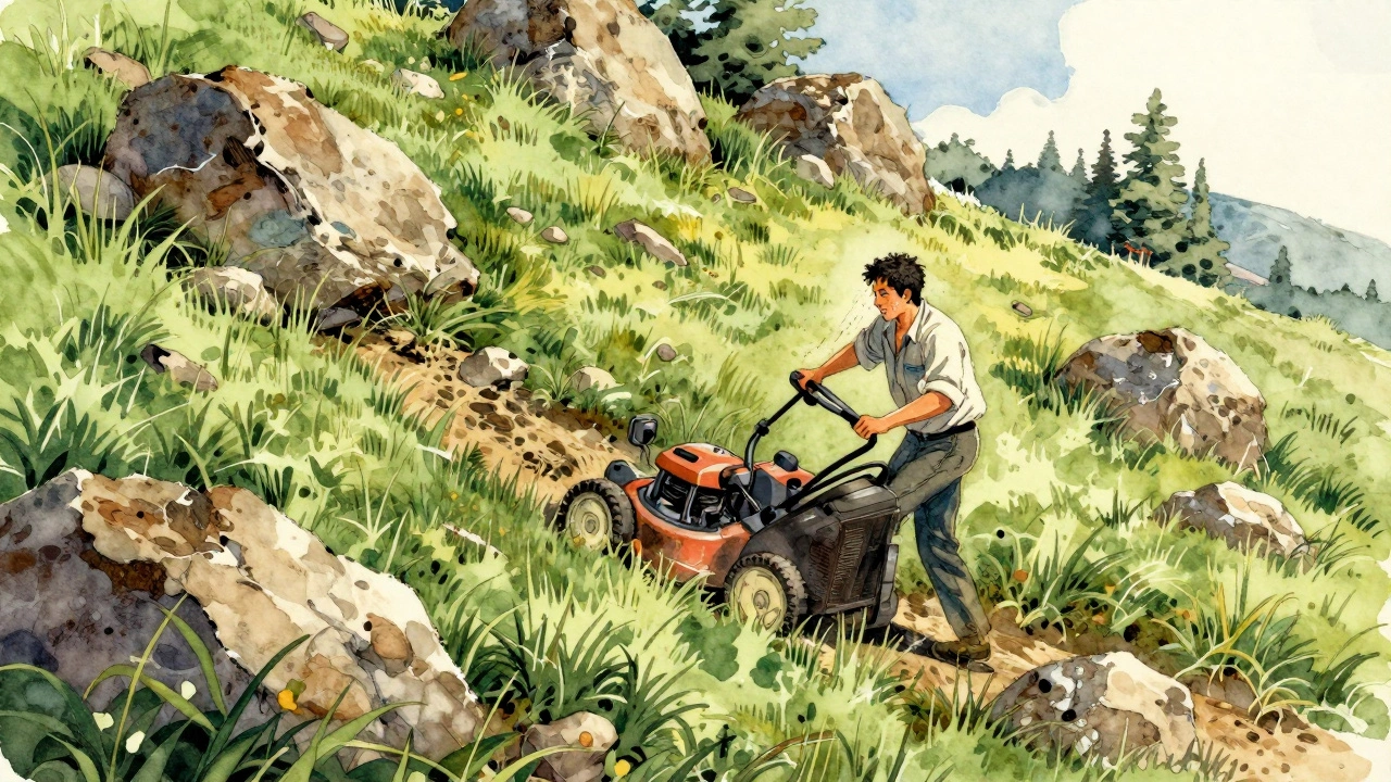 Lawn mower operator struggling on steep, rocky terrain in a hilly yard.