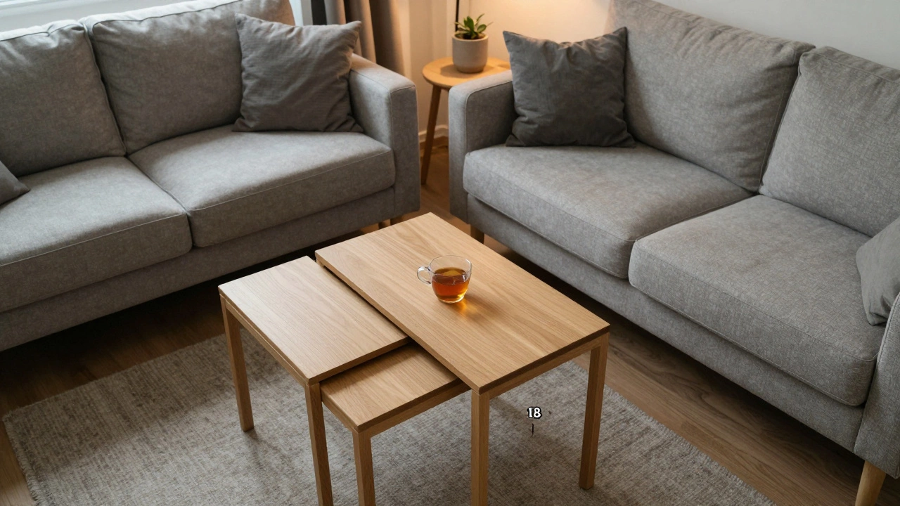 Two nesting tables beside a straight sofa in a compact UK apartment, one pulled out to hold a tea cup.