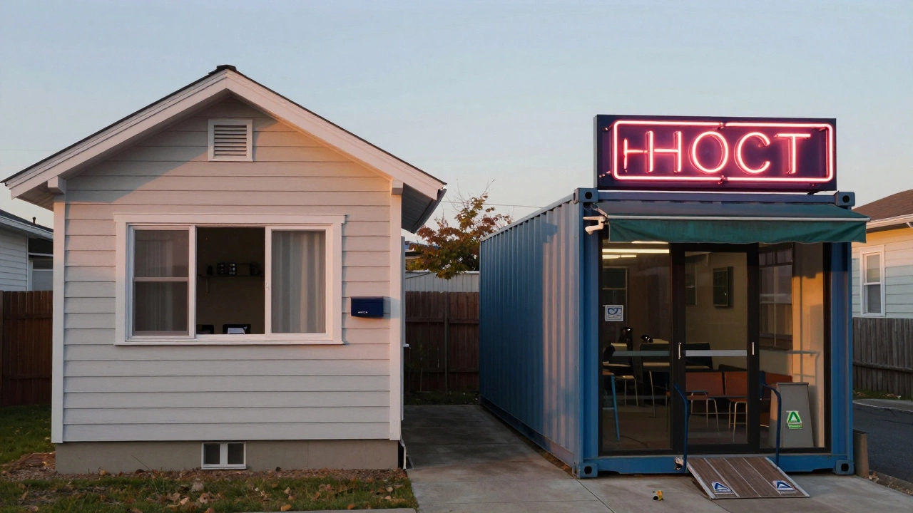 Two side-by-side buildings: a home with a home office and a converted shipping container storefront, illustrating how purpose defines commercial status.