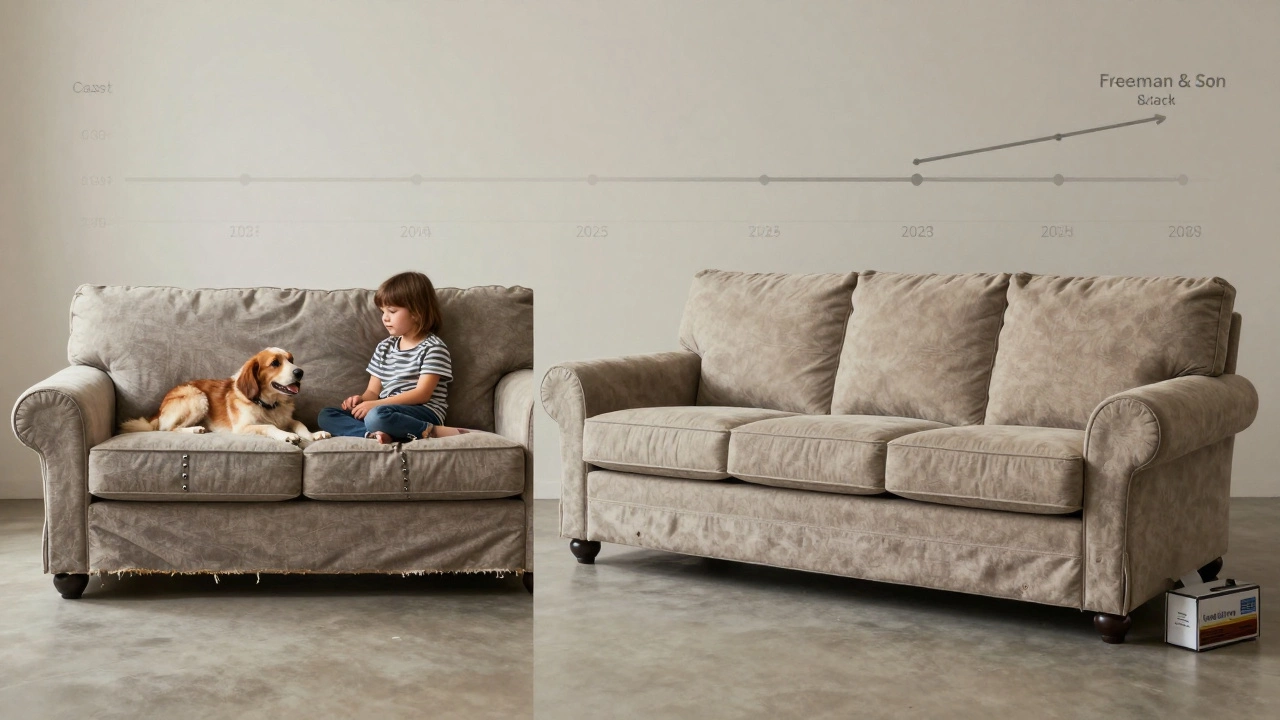 A comparison of a sagging cheap sofa versus a well-built premium sofa after ten years of use, with repair kit visible.