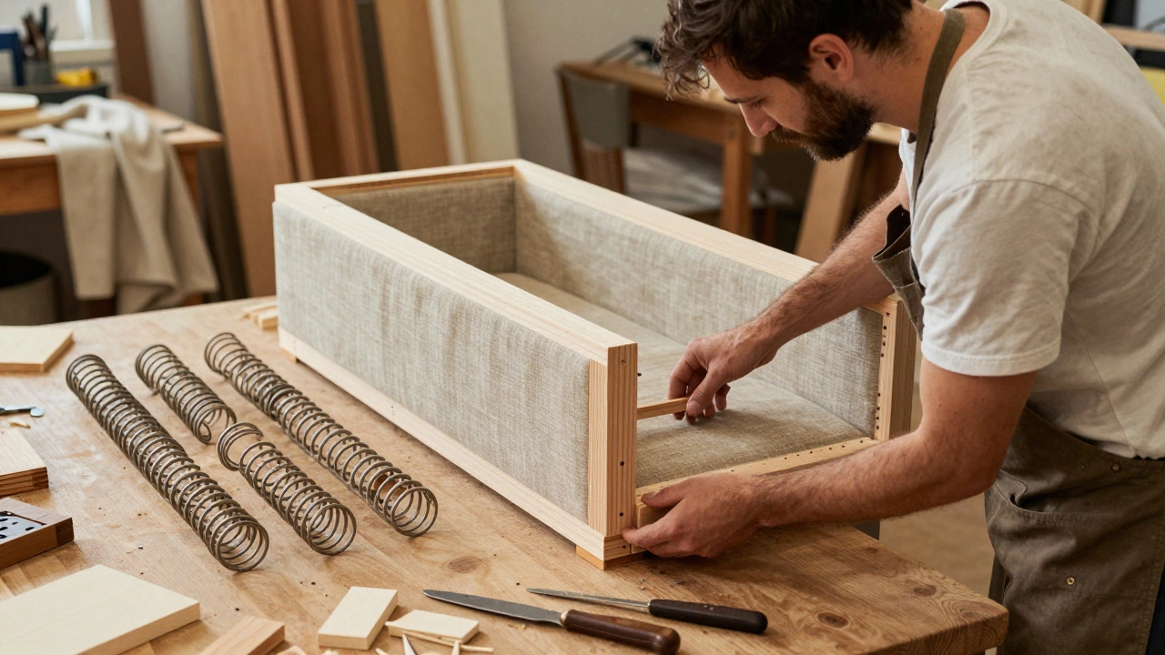 A craftsman examining the internal frame of a handmade sofa, showing hardwood joints and hand-tied springs in a well-lit workshop.