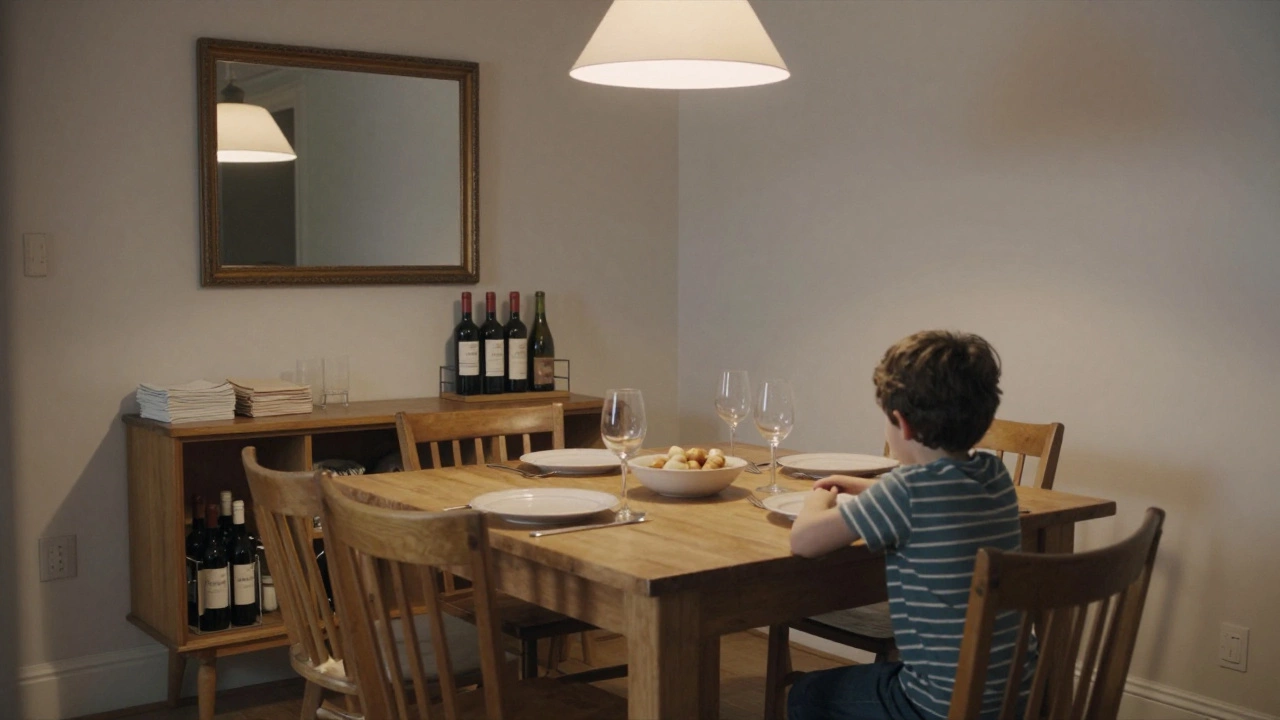 A family dinner scene with chairs pushed out, a sideboard with wine glasses, and a mirror reflecting soft lighting in a cozy British dining space.