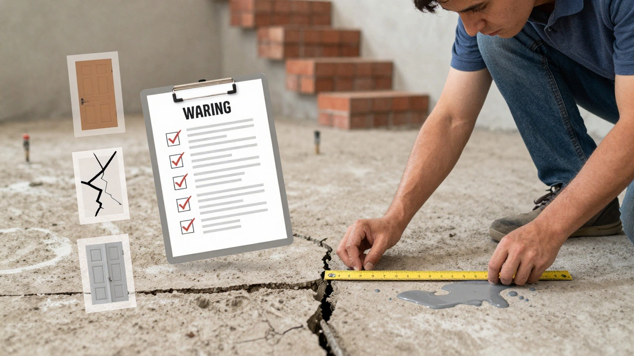 A homeowner measuring a foundation crack with a ruler, surrounded by floating visual indicators of structural warning signs.
