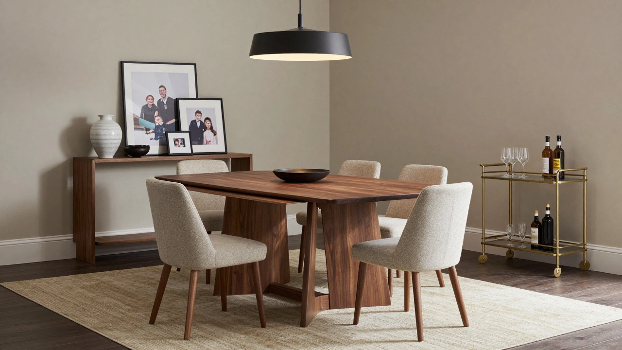 A modern British dining area with a walnut table, mixed chairs, a console, and a bar cart, illuminated by a dimmable chandelier and anchored by a large rug.