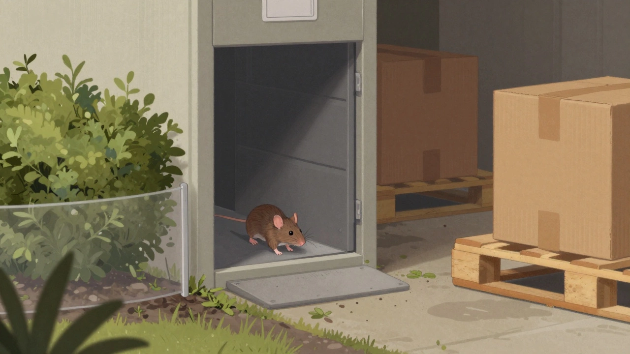 A mouse hesitating at the entrance of a sealed storage unit, with a clear perimeter and elevated furniture visible, highlighting pest prevention measures.