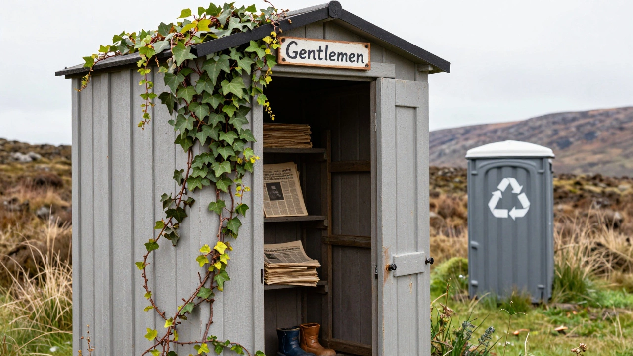 A restored outhouse turned garden shed with old newspapers and a modern composting toilet nearby.