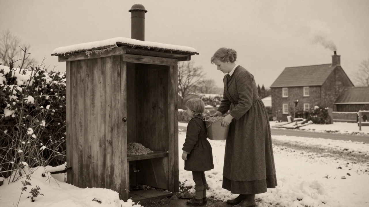 A rural British family using an outhouse in winter, with sawdust bucket and vent pipe.