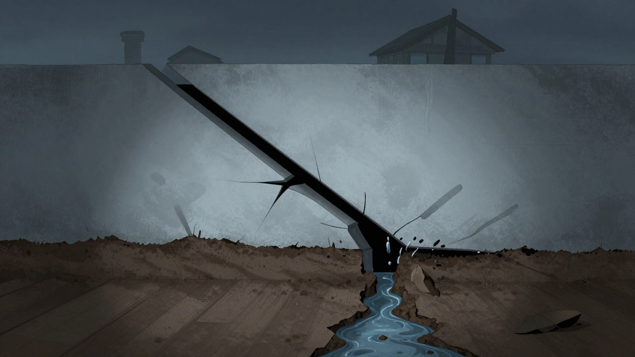 A structural foundation crack with signs of soil pressure, water seepage, and sagging walls in a moody, symbolic illustration.