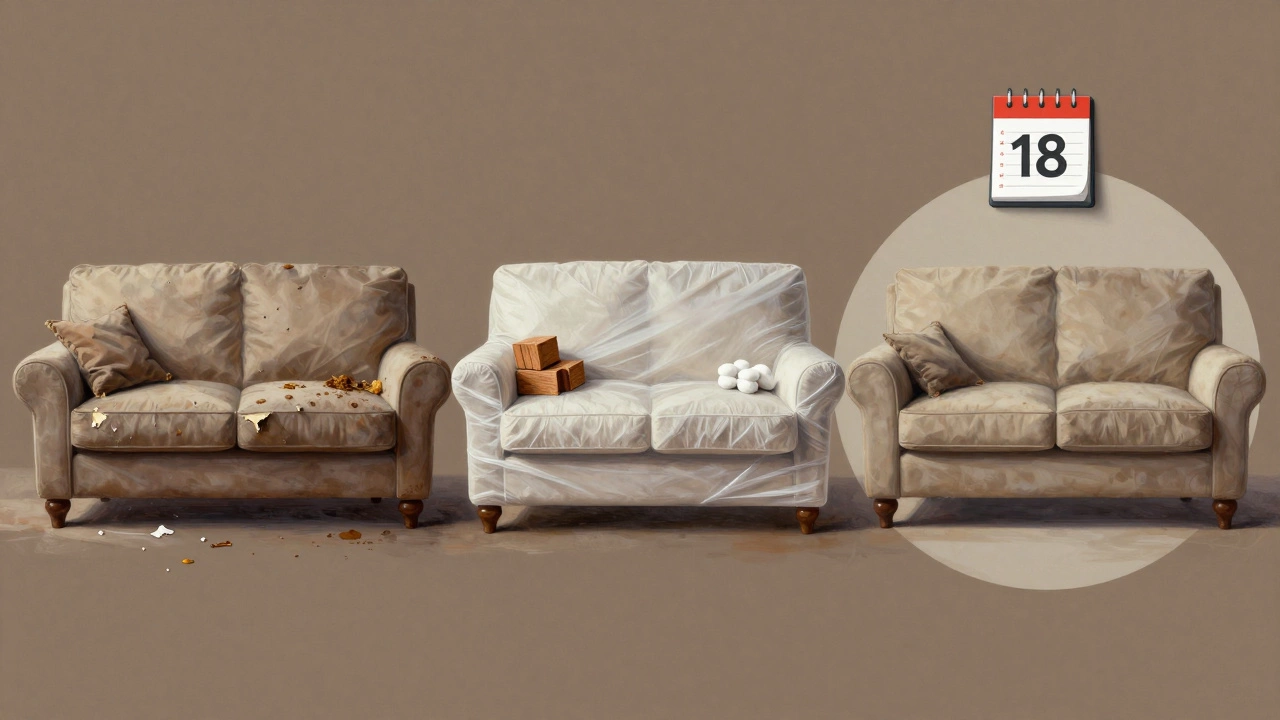 A three-part visual timeline showing damaged, protected, and preserved furniture, emphasizing the importance of monthly checks and proper storage.