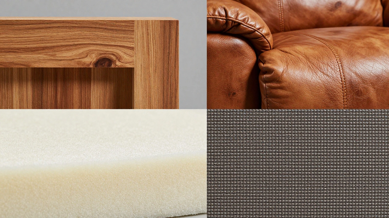 Close up of wood frame, leather, and foam textures.