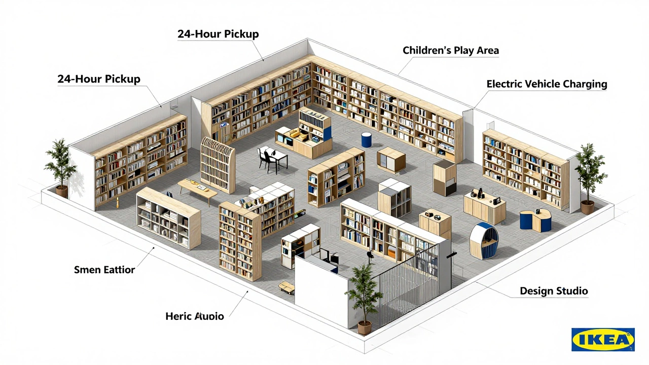 Conceptual view of IKEA Burbank as a city block with specialized zones and storage units.
