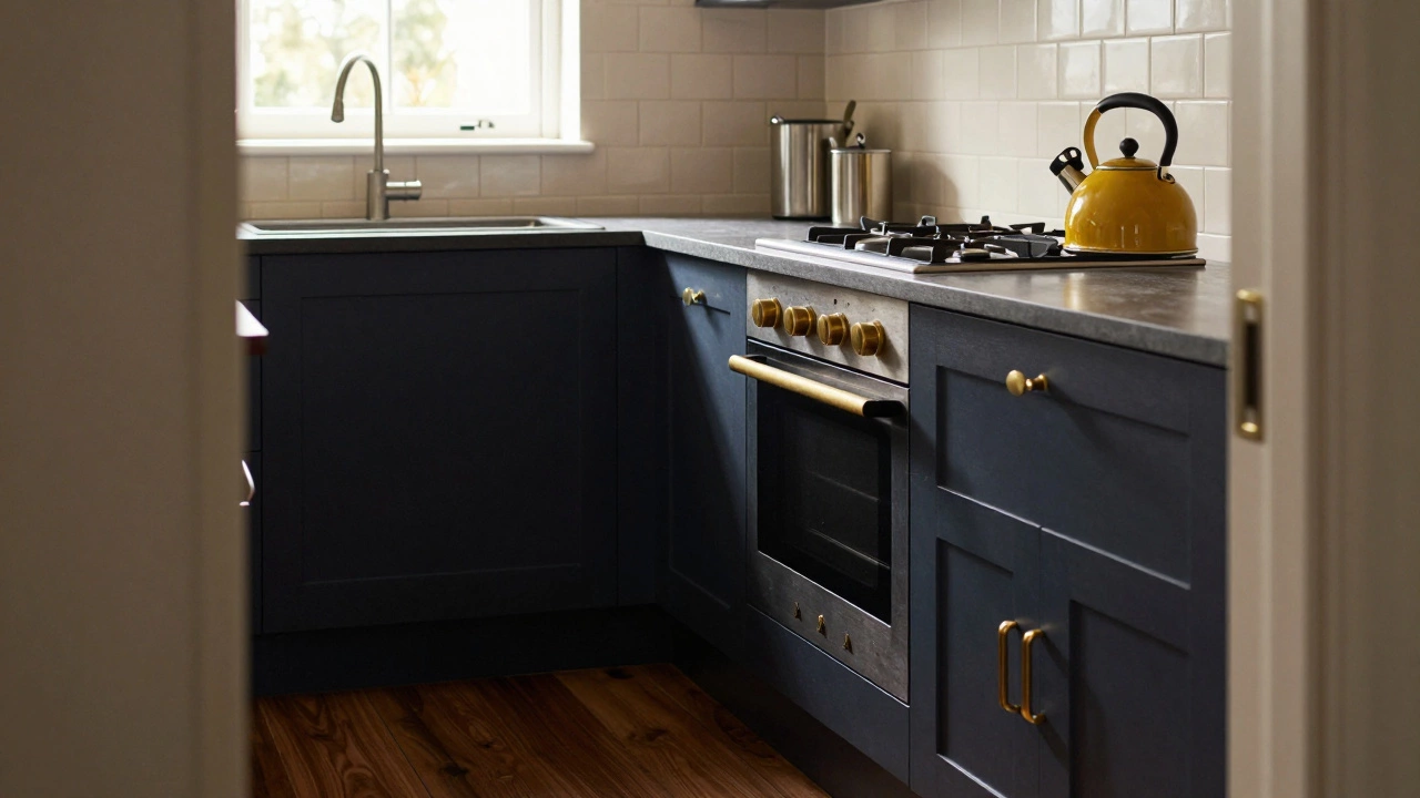 Dark walnut cabinets with cream backsplash and brass hardware in a cozy British kitchen.