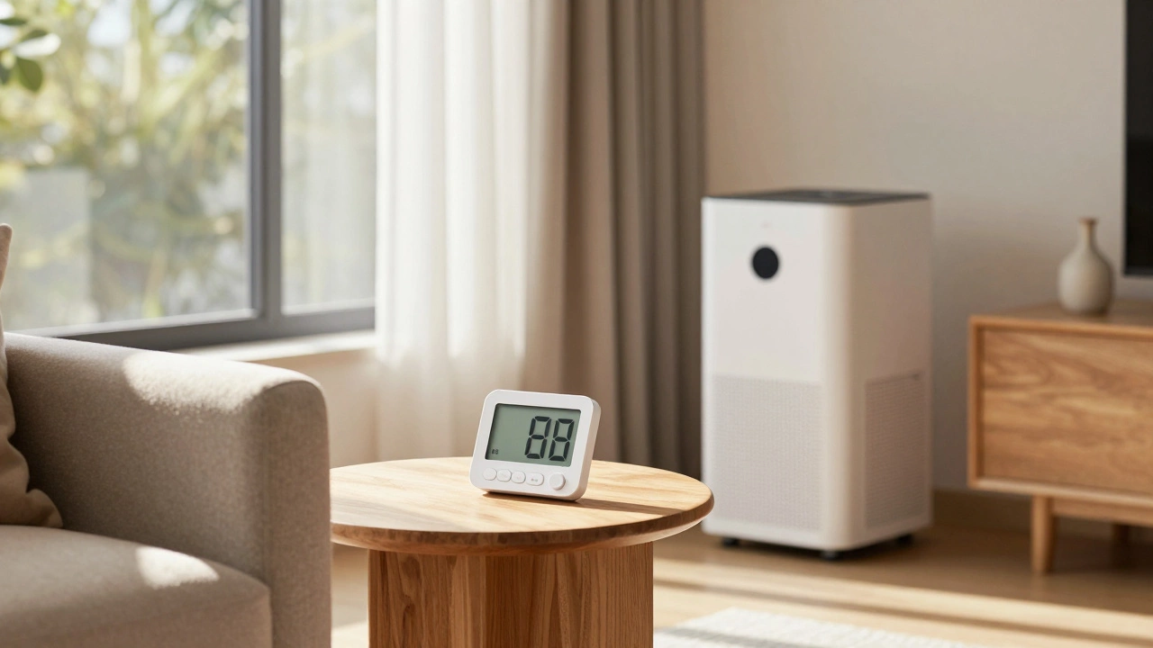 Dehumidifier and monitor in sunlit living room