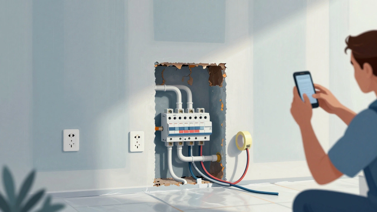 Exposed plumbing and electrical work during renovation, with PEX pipes and GFCI outlets being installed in an open wall.