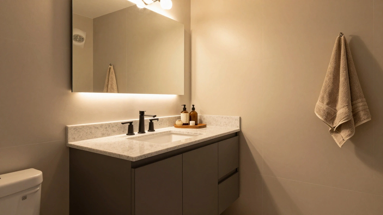 Finished bathroom with modern fixtures, tiled floor, and soft LED lighting, looking clean and serene at golden hour.