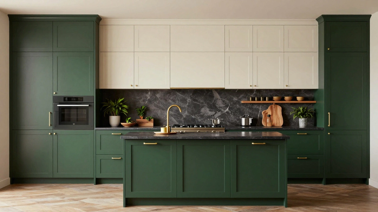 Green and cream two-tone kitchen with brass hardware and plants