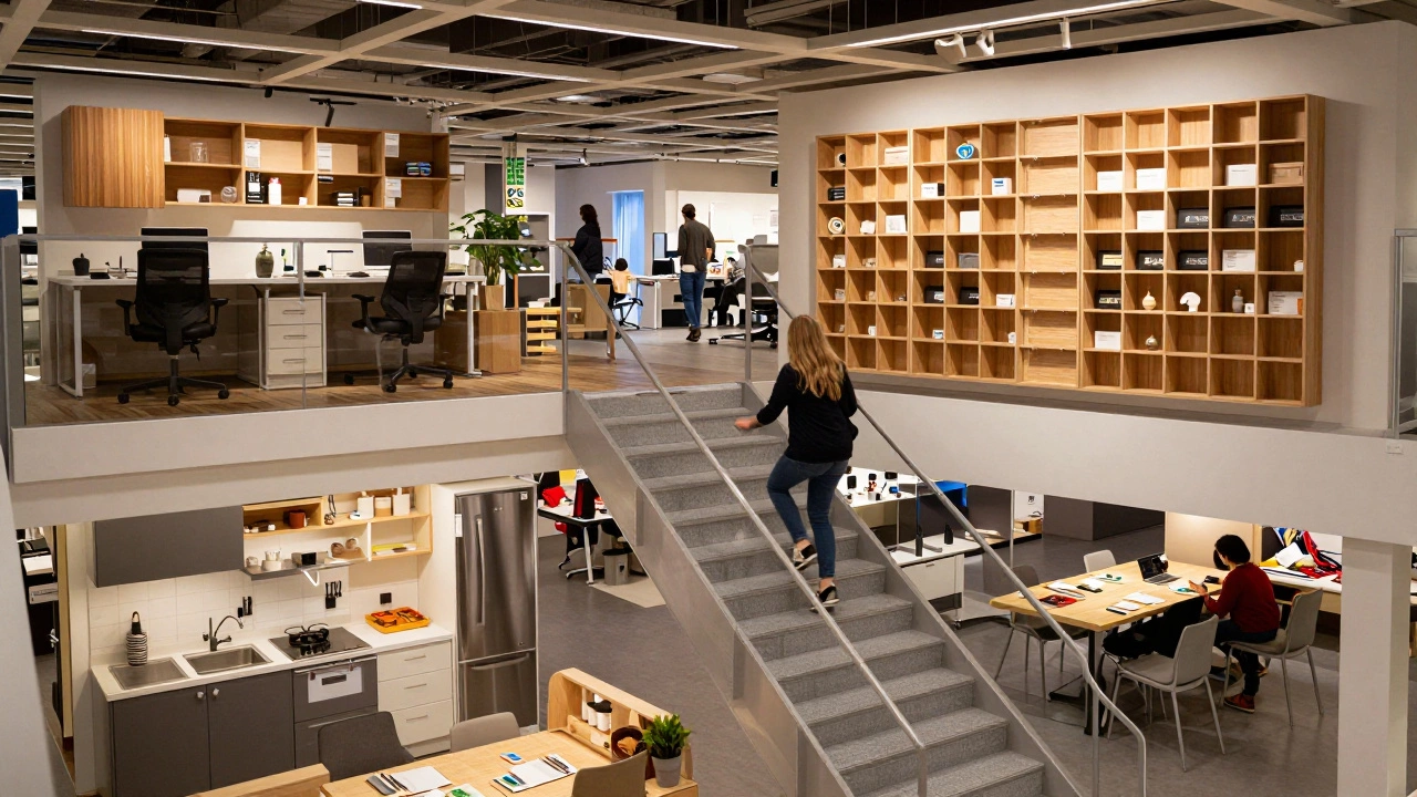 Shopper climbing stairs inside IKEA Burbank surrounded by layered furniture displays.