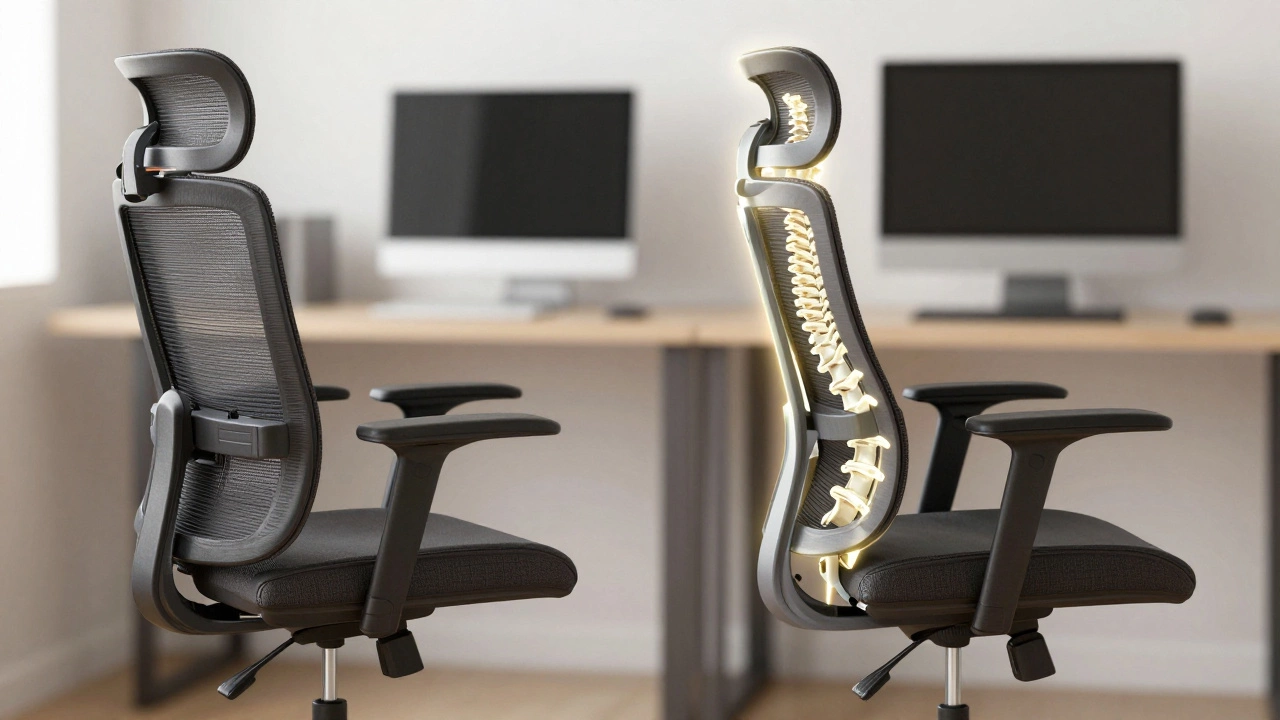 Side-by-side comparison of a flawed mesh chair versus an ergonomic chair supporting proper spinal alignment.