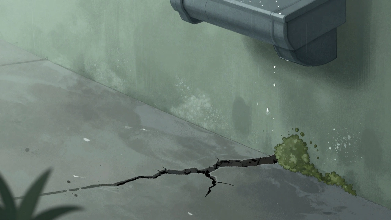 Slow water seepage through foundation cracks with mold and efflorescence stains.