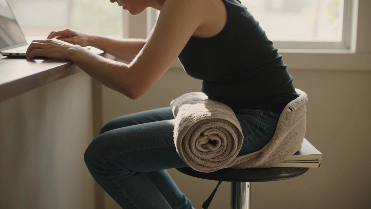 Someone using a towel and stacked books as posture aids while sitting on a barstool at a kitchen counter.