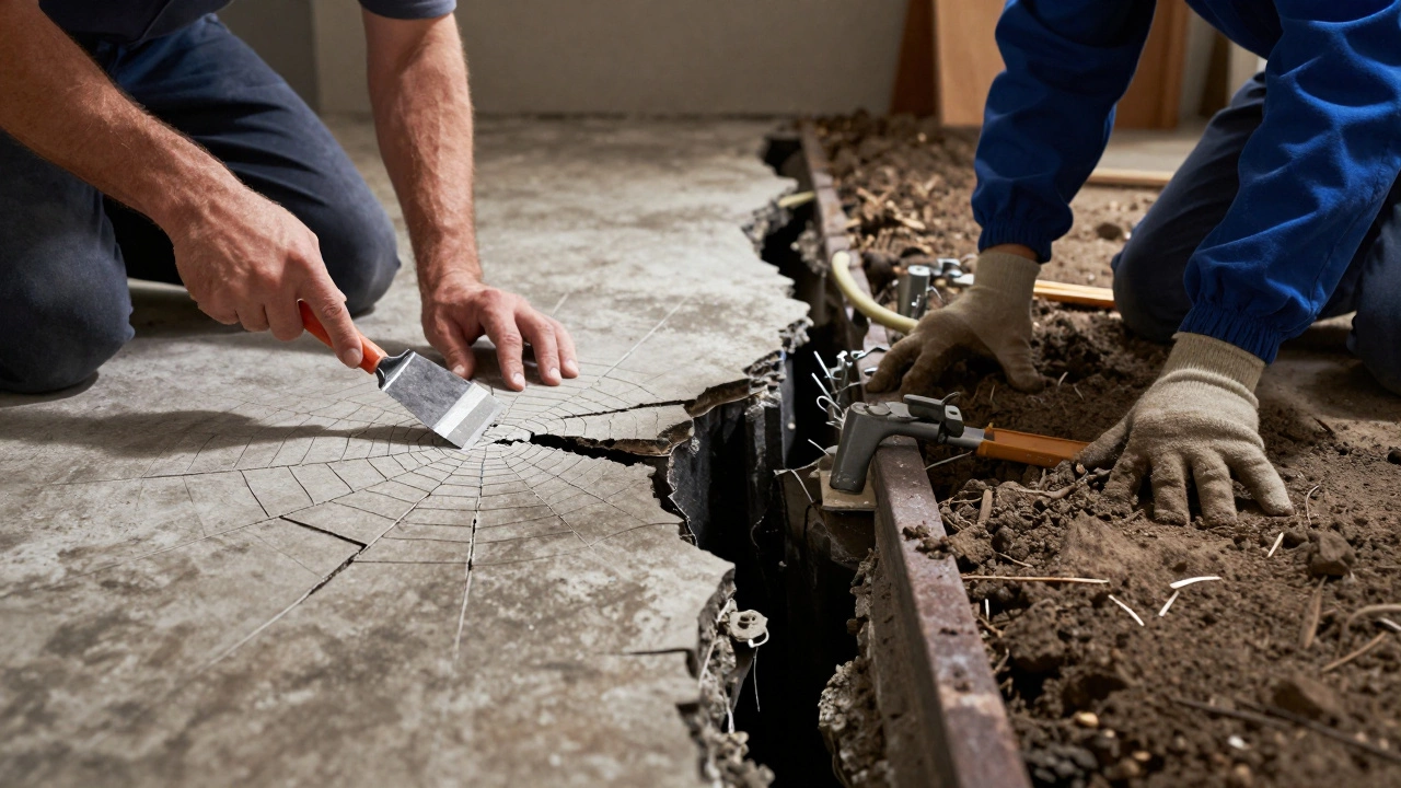 Split image: DIY epoxy patch failing vs. professional underpinning stabilizing a sinking foundation.