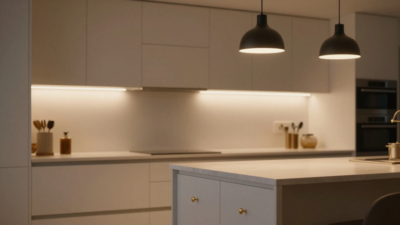 Warm greige kitchen with hidden LED lighting and evening ambiance