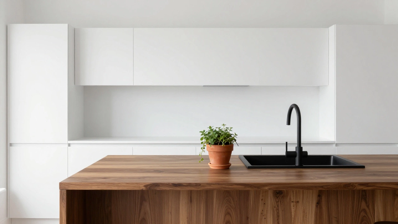 White kitchen with a walnut island and a black sink, accented by a terracotta herb pot.