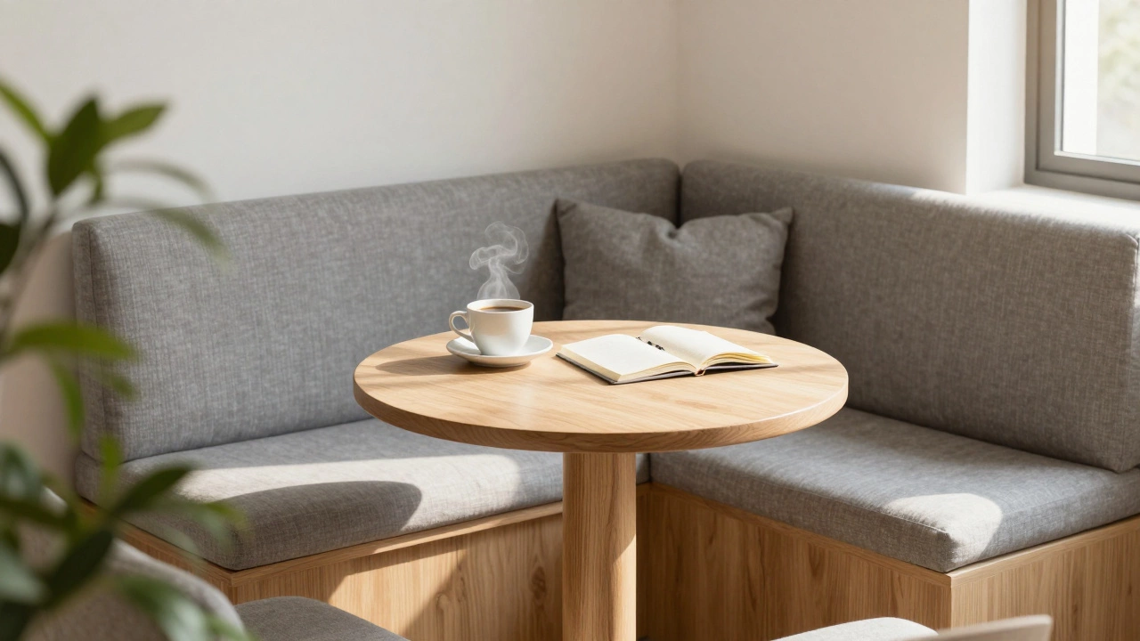 A cozy breakfast nook with a round wooden table and built-in bench seating.