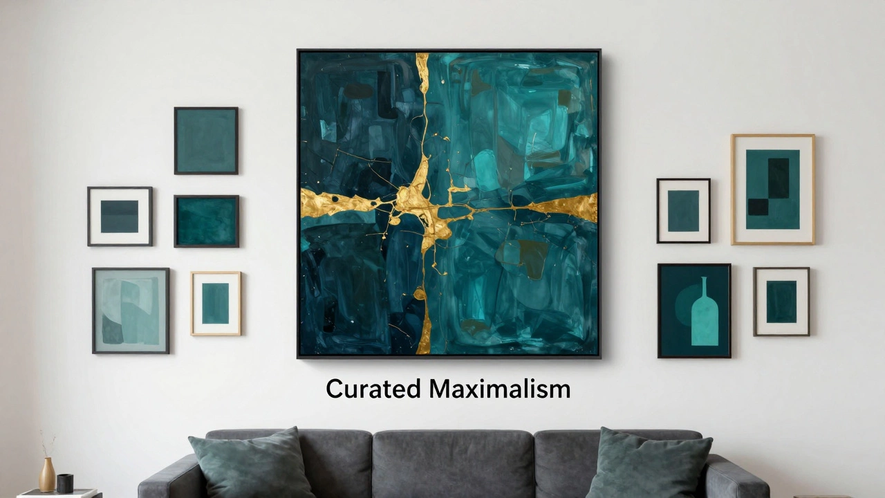 A curated maximalist gallery wall with a large anchor piece and a cohesive jewel-toned color palette.
